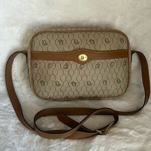 Christian Dior 80s Tan Leather and Coated Canvas Honeycomb Crossbody Bag